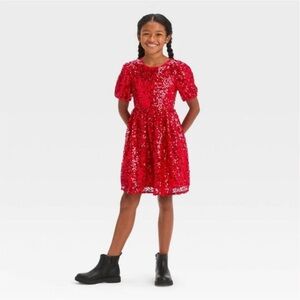 Girls' Short Puff Sleeve Sequin Dress - Cat & Jack Red size M (8)